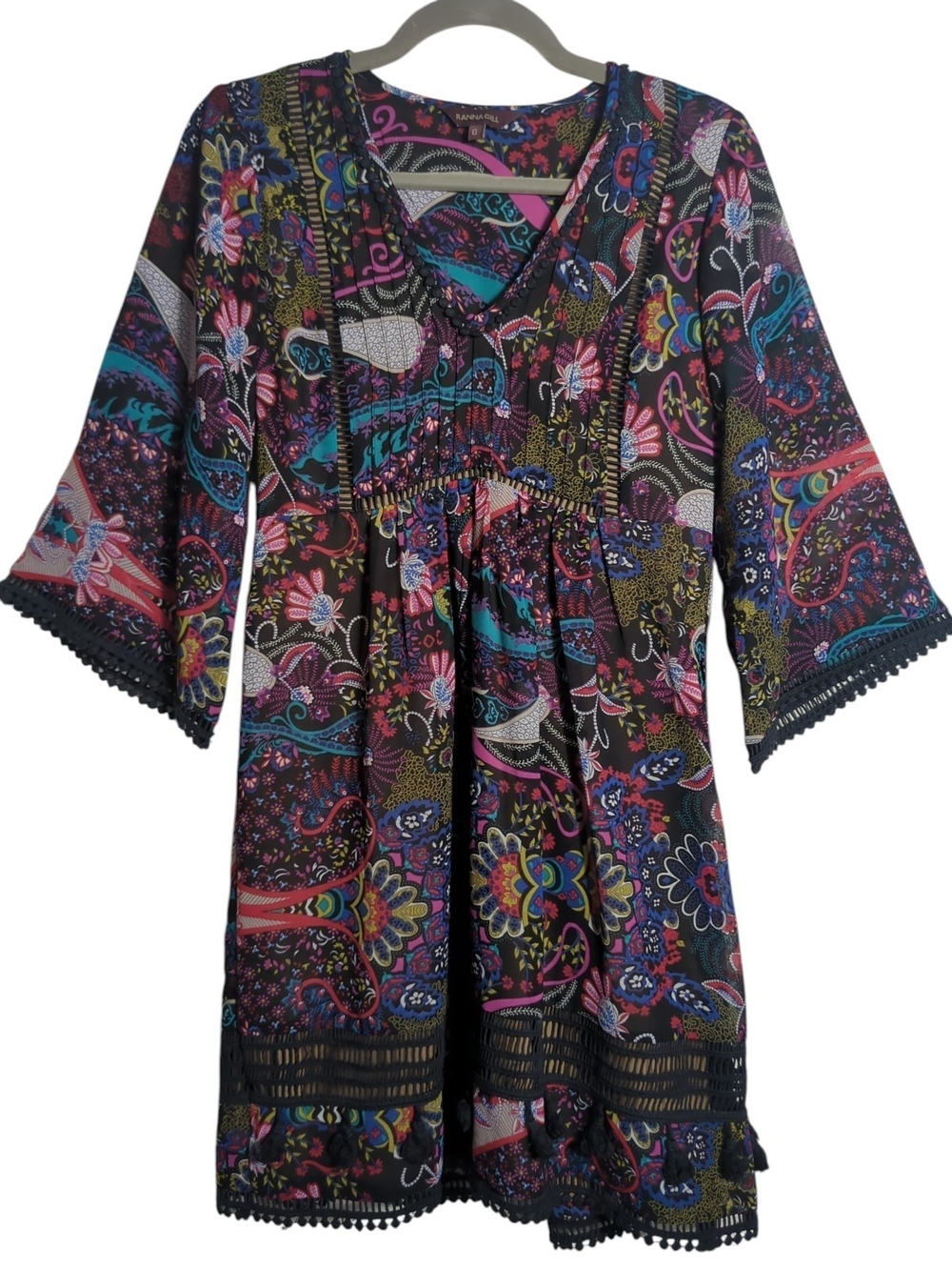 Ranna Gill For Anthropologie XS Viola Kimono Mini Dress Boho Paisley Floral Art